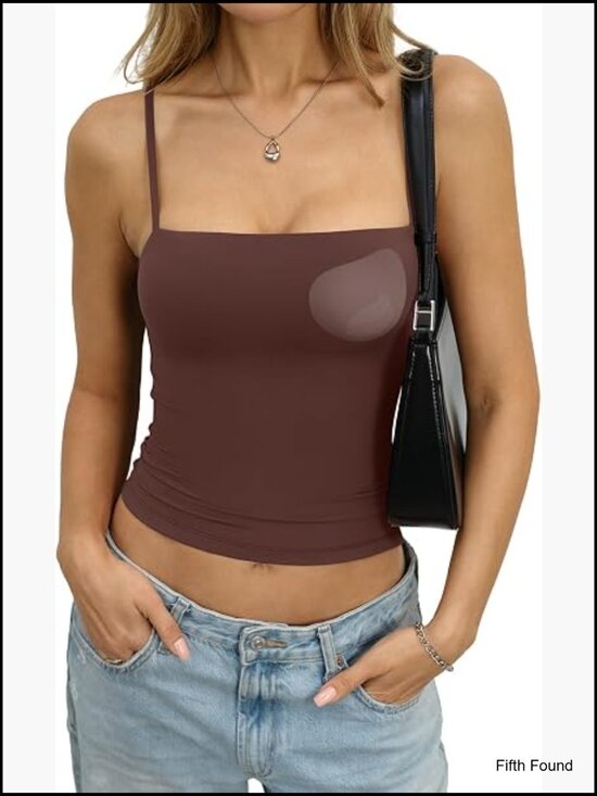 Tops - Padded Double Lined Crop Tank Top Square Neck Built-in Bra Spaghetti Strap